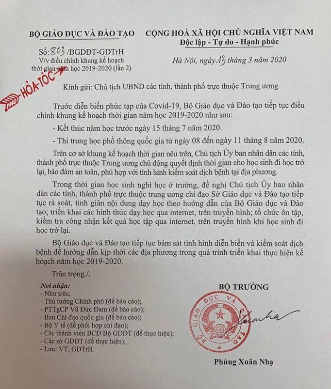 Bộ GD&ĐT: Điều chỉnh kế hoạch năm học 2019 – 2020 Bộ GD&ĐT: Điều chỉnh kế hoạch năm học 2019 – 2020