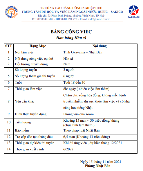 Đơn hàng Hàn xì, làm việc tại Nhật Bản