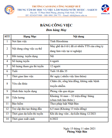 Đơn hàng May phỏng vấn tháng 12