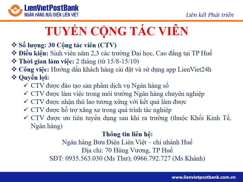 Ngân hàng bưu điện Liên Việt tuyển cộng tác viên