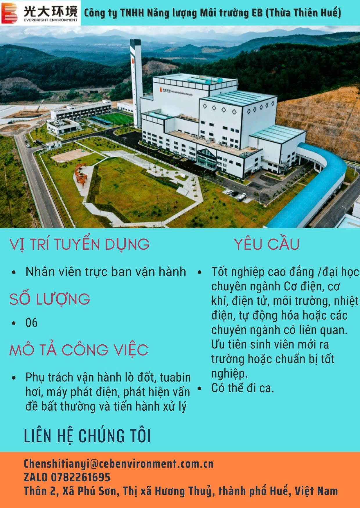 CÔNG TY TNHH NĂNG LƯỢNG MÔI TRƯỜNG EB (THỪA THIÊN HUẾ) TUYỂN DỤNG NHÂN VIÊN VẬN HÀNH