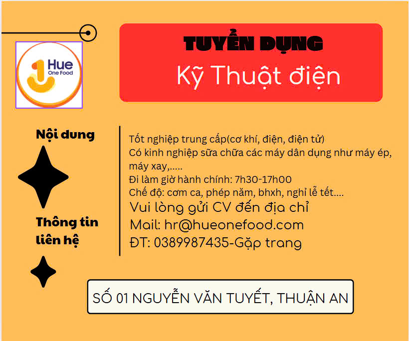 TUYỂN DỤNG KỸ THUẬT ĐIỆN – CƠ HỘI LÀM VIỆC TẠI HUE ONE FO