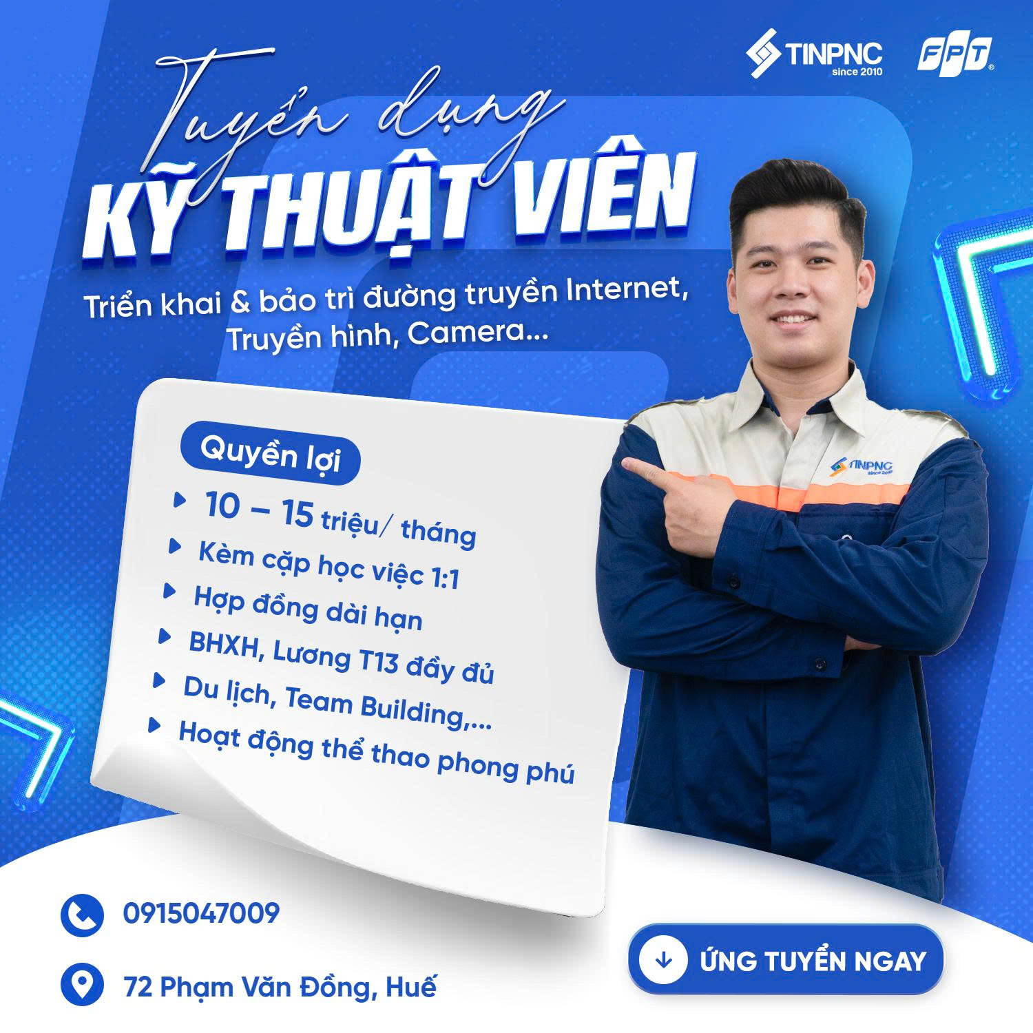 FPT HUẾ  THÔNG BÁO TUYỂN DỤNG NHÂN VIÊN KỸ THUẬT MẠNG VIỄN THÔNG