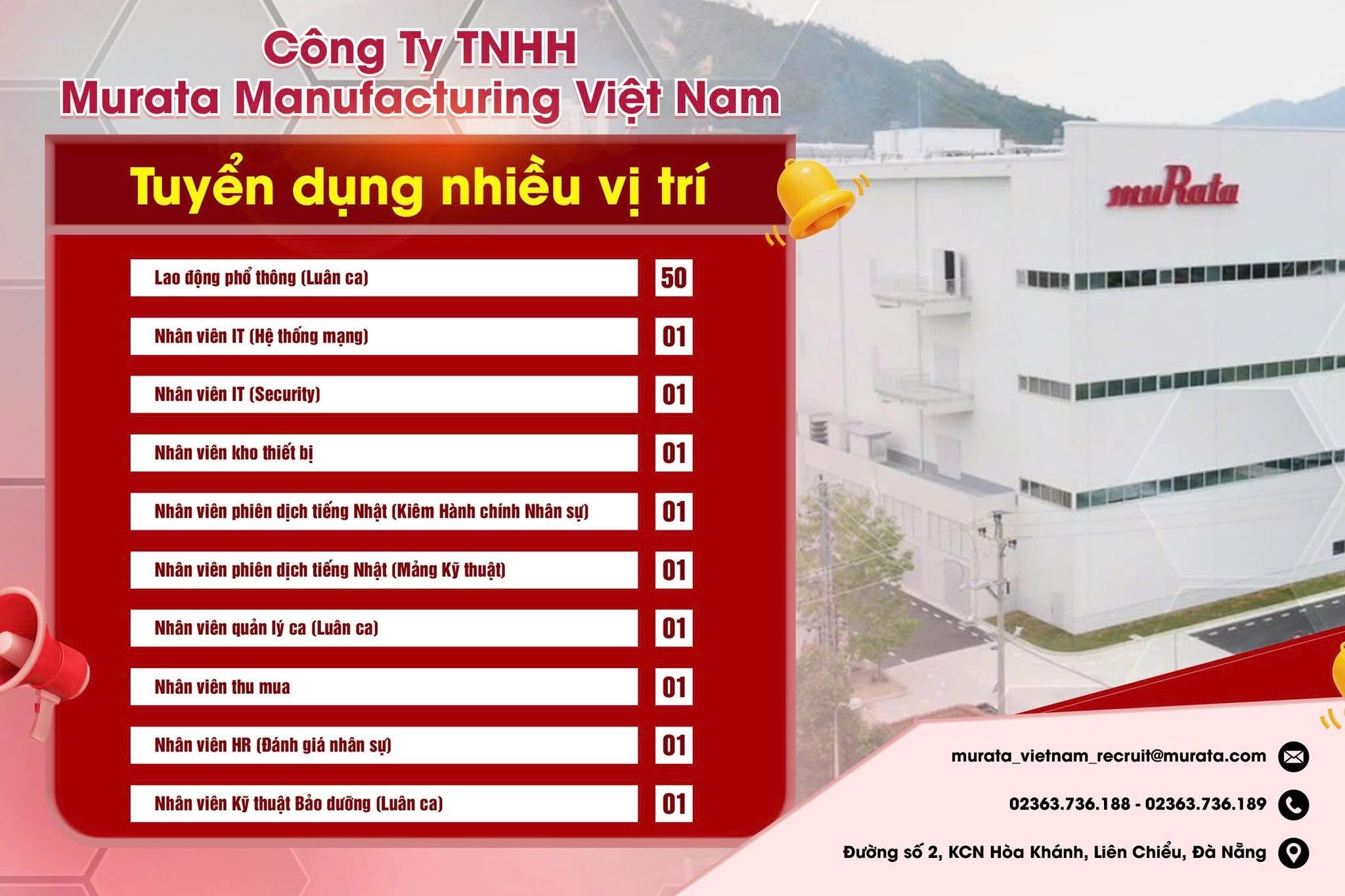 CÔNG TY TNHH MURATA MANUFACTURING VIỆT NAM TUYỂN DỤNG NHIỀU VỊ TRÍ NĂM 2025 CÔNG TY TNHH MURATA MANUFACTURING VIỆT NAM TUYỂN DỤNG NHIỀU VỊ TRÍ NĂM 2025