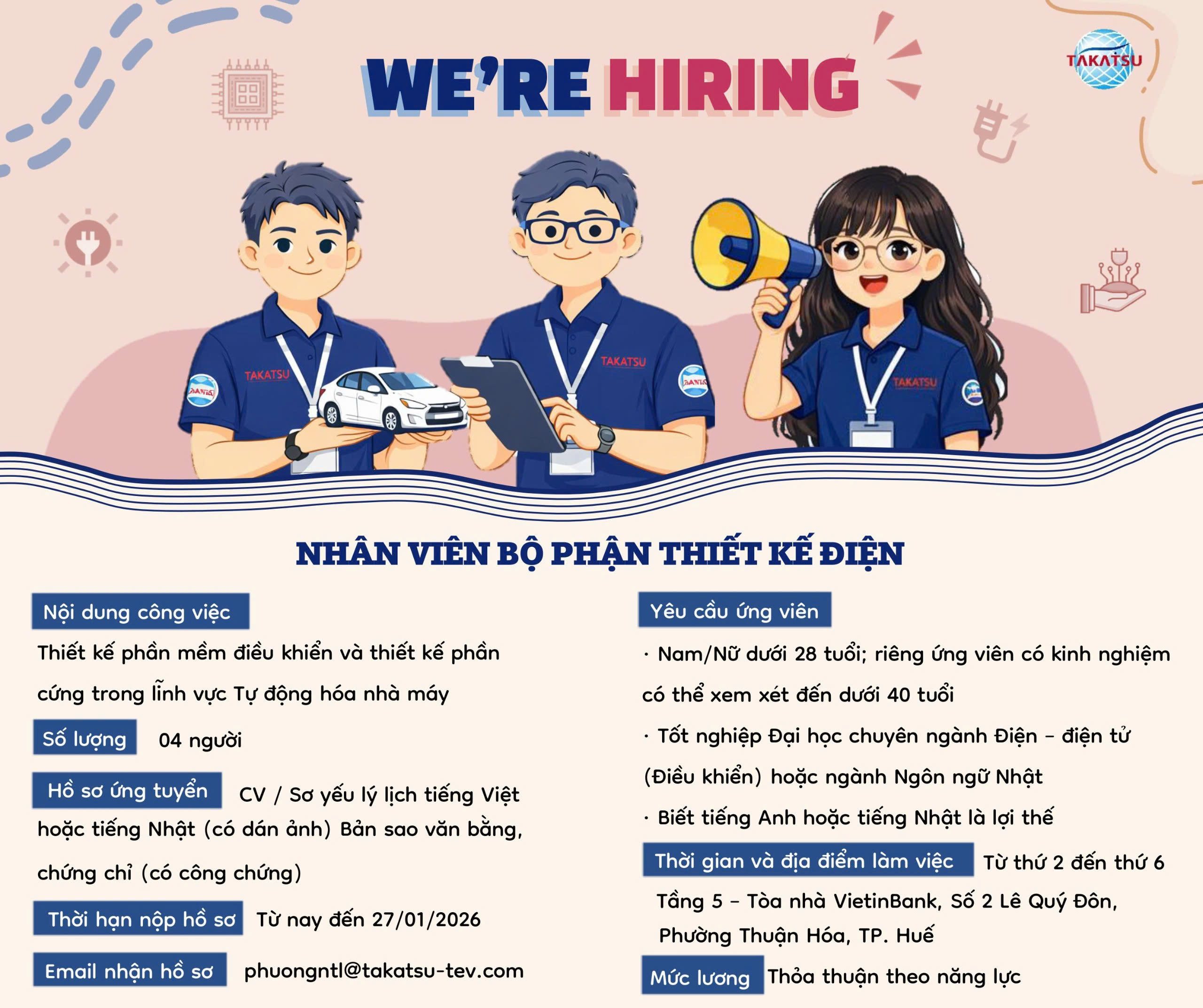 Takatsu Engineering Vietnam (TEV) – THÔNG BÁO TUYỂN DỤNG NHÂN SỰ CHÍNH THỨC Takatsu Engineering Vietnam (TEV) – THÔNG BÁO TUYỂN DỤNG NHÂN SỰ CHÍNH THỨC