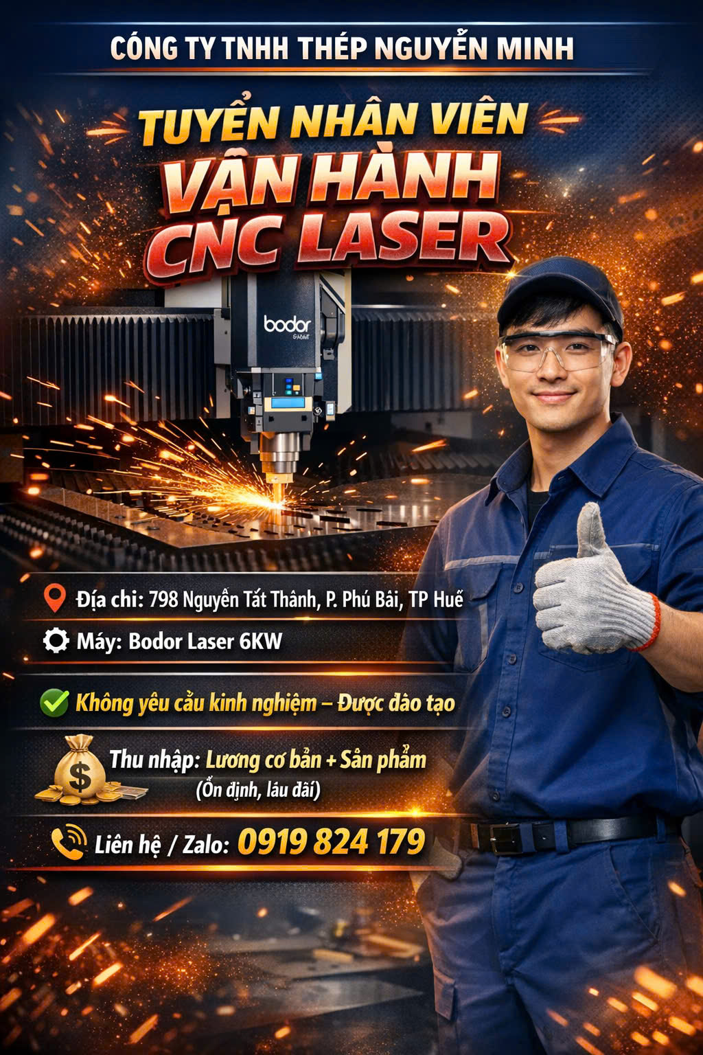 THÔNG BÁO TUYỂN DỤNG NHÂN VIÊN VẬN HÀNH CNC LASER