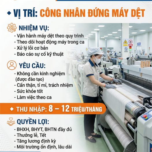 TUYỂN DỤNG CÔNG NHÂN ĐỨNG MÁY DỆT – THU NHẬP ĐẾN 12 TRIỆU/THÁNG ????