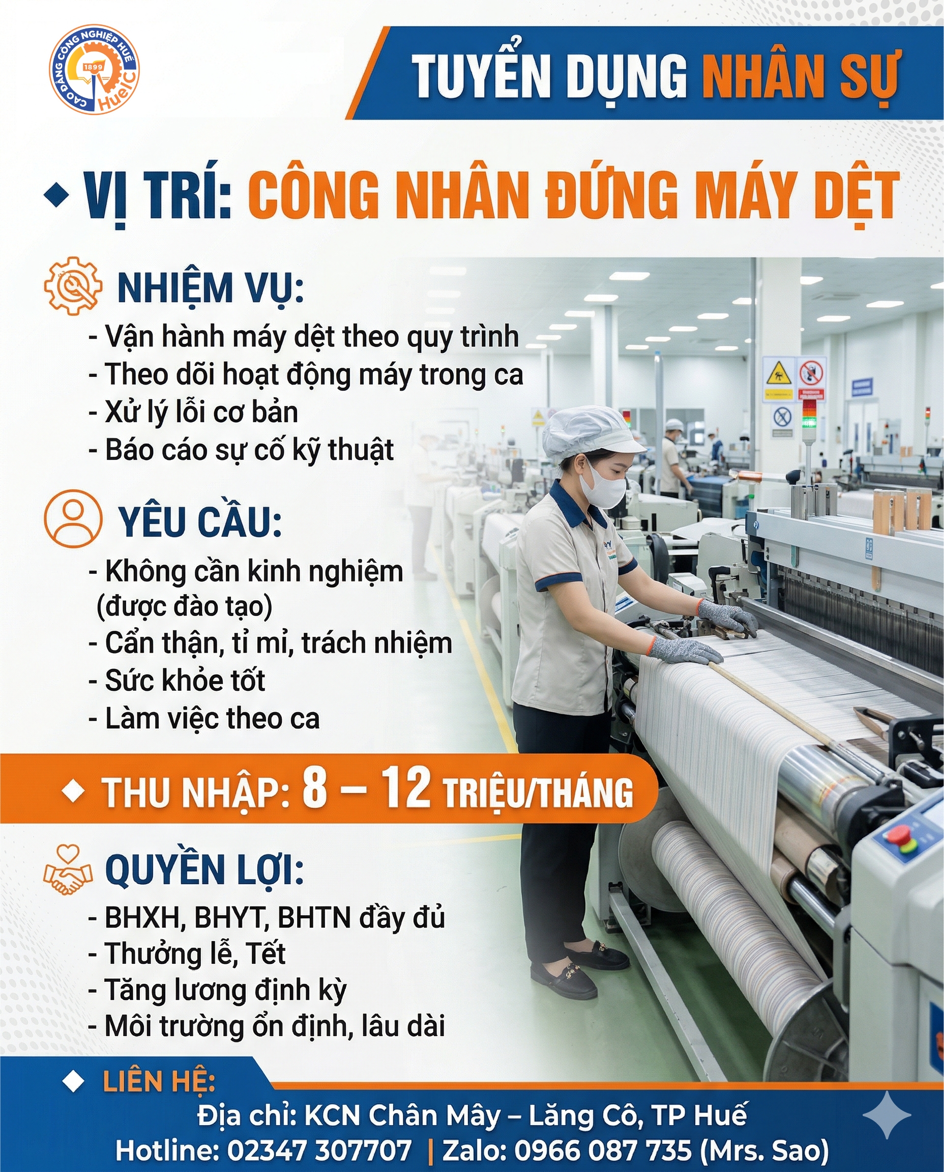 TUYỂN DỤNG CÔNG NHÂN ĐỨNG MÁY DỆT – THU NHẬP ĐẾN 12 TRIỆU/THÁNG ???? TUYỂN DỤNG CÔNG NHÂN ĐỨNG MÁY DỆT – THU NHẬP ĐẾN 12 TRIỆU/THÁNG ????