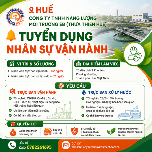 CÔNG TY TNHH NĂNG LƯỢNG MÔI TRƯỜNG EB (THỪA THIÊN HUẾ) TUYỂN DỤNG NHÂN SỰ VẬN HÀNH