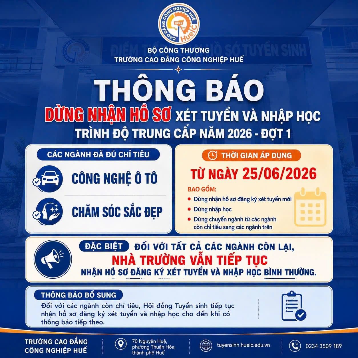 THÔNG BÁO DỪNG NHẬN HỒ SƠ XÉT TUYỂN, NHẬP HỌC CÁC NGÀNH CÔNG NGHỆ Ô TÔ VÀ CHĂM SÓC SẮC ĐẸP TRÌNH ĐỘ TRUNG CẤP NĂM 2026 – ĐỢT 1