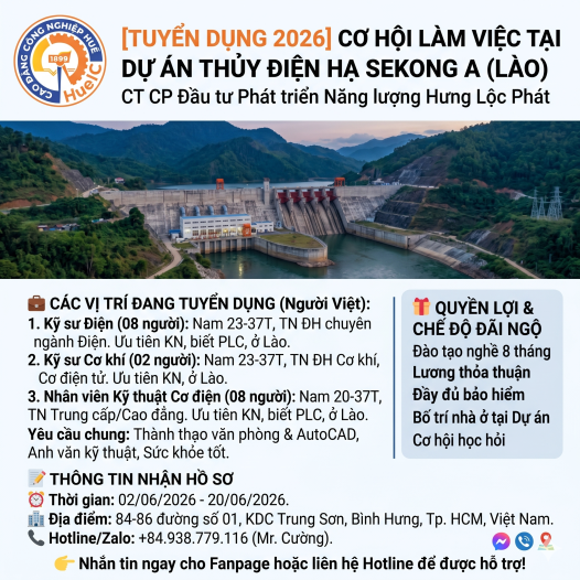 TUYỂN DỤNG NHÂN SỰ LÀM VIỆC TẠI DỰ ÁN THỦY ĐIỆN HẠ SEKONG A (LÀO) NĂM 2026