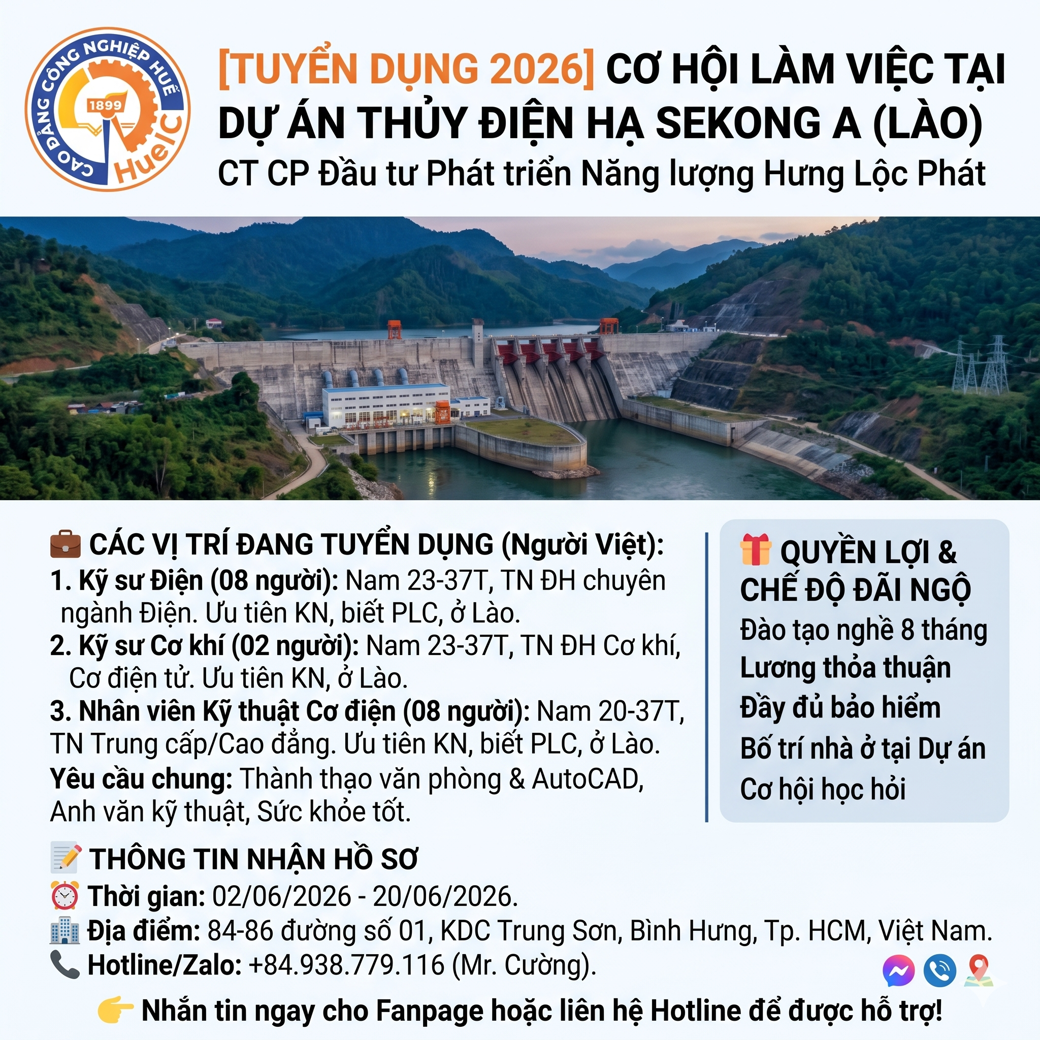 TUYỂN DỤNG NHÂN SỰ LÀM VIỆC TẠI DỰ ÁN THỦY ĐIỆN HẠ SEKONG A (LÀO) NĂM 2026