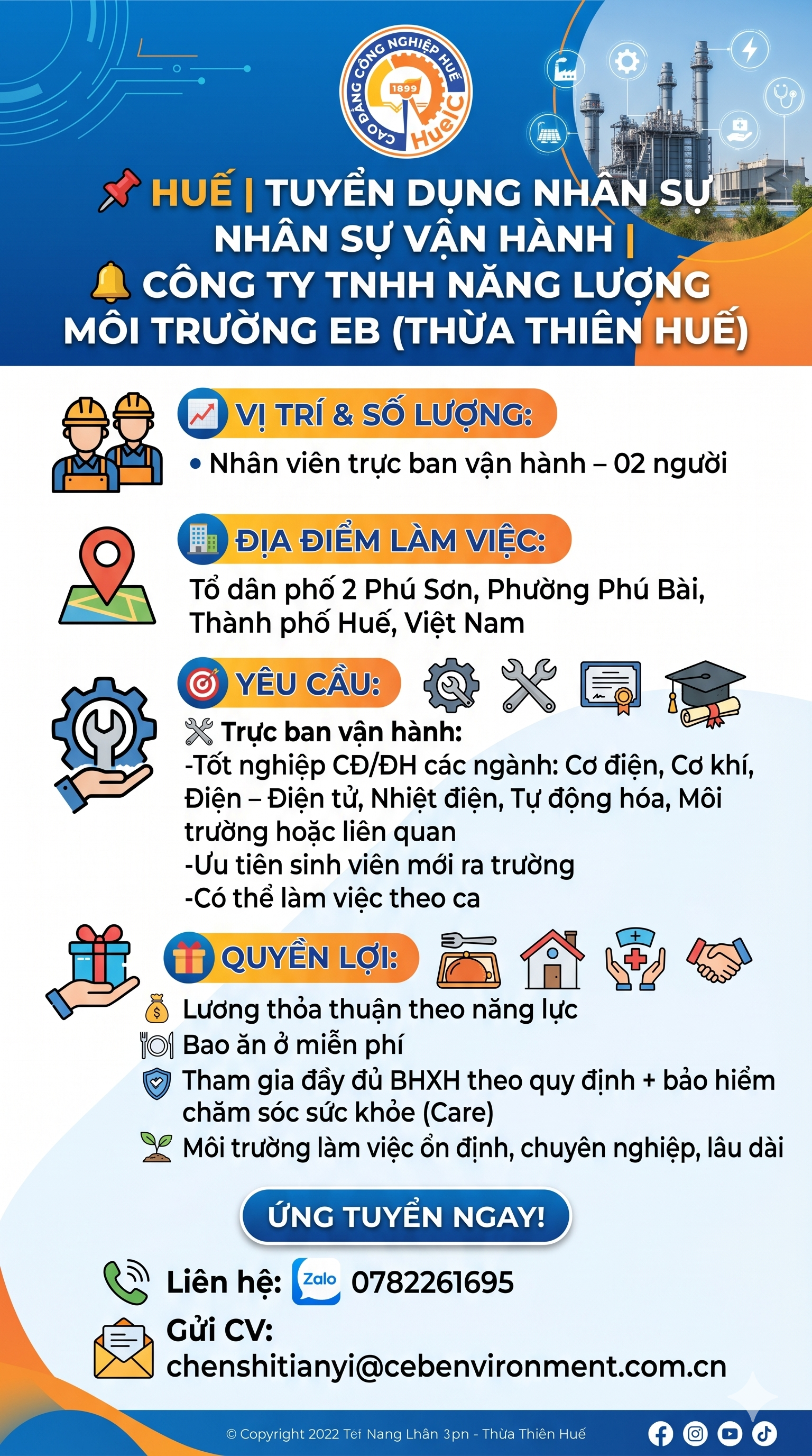 [TUYỂN DỤNG] Công Ty TNHH Năng Lượng Môi Trường EB (Thừa Thiên Huế) Tuyển Dụng 02 Nhân Viên Trực Ban Vận Hành