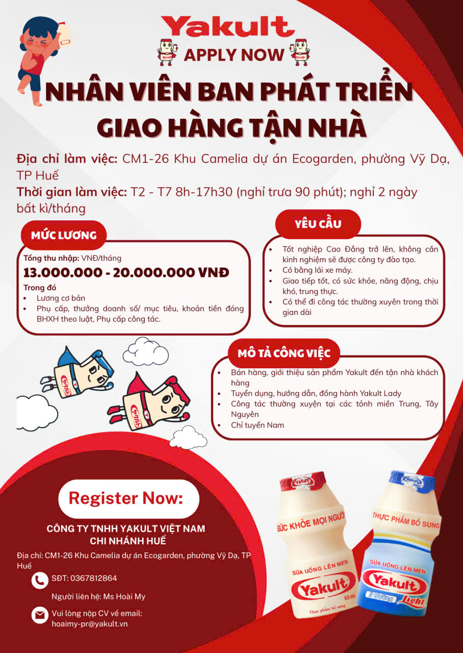 YAKULT VIỆT NAM – CHI NHÁNH HUẾ TUYỂN DỤNG NHÂN VIÊN BAN PHÁT TRIỂN GIAO HÀNG TẬN NHÀ
